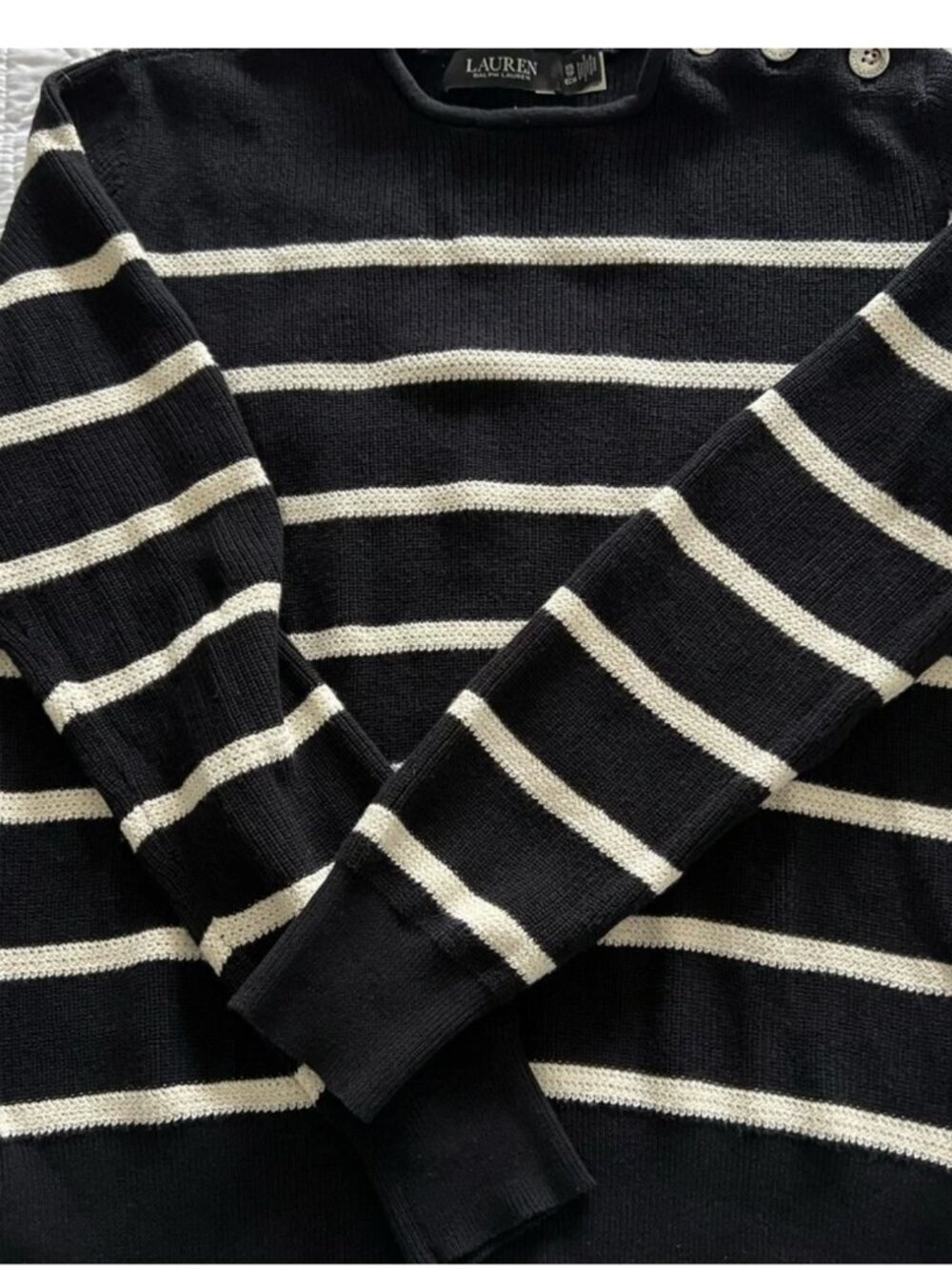 Lauren Ralph Lauren Linen Nautical Stripe Crewneck Sweater Black Ivory 1X Plus